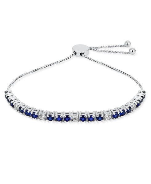Gemstones 2.2 CTW White Zircon Alternating Created Blue Sapphire Bolo Tennis Bracelet for Women Adjustable 7-8 Inch .925 Sterling Silver