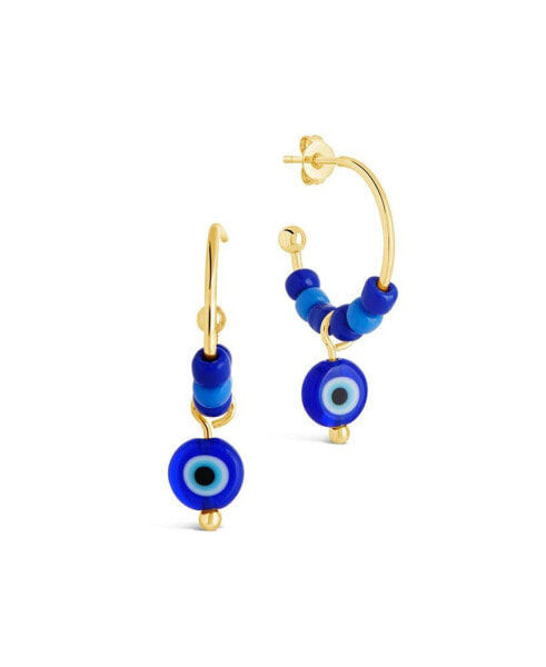 Gold-Tone or Silver-Tone Blue Beaded Accent Sibyl Hoops