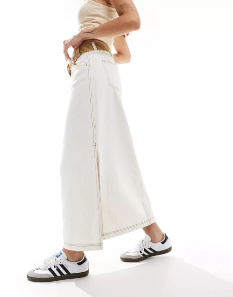 DTT side split contrast thread denim maxi skirt in off white