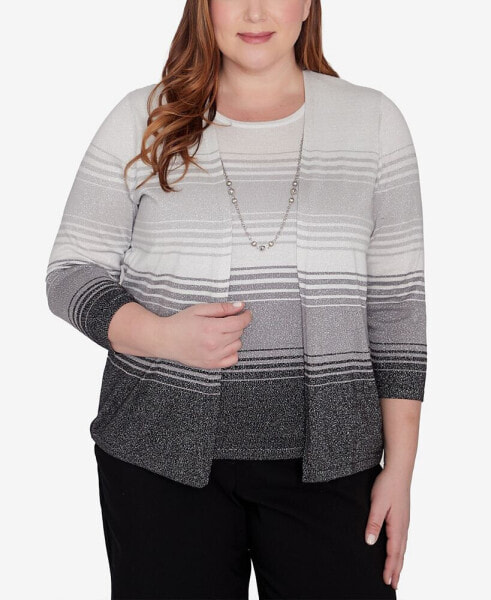 Plus Size Classic Ombre Two In One Striped Sweater With Necklace