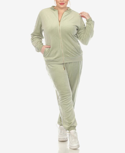 Plus Size Faux Leather Stripe Velour 2 Piece Tracksuit Set