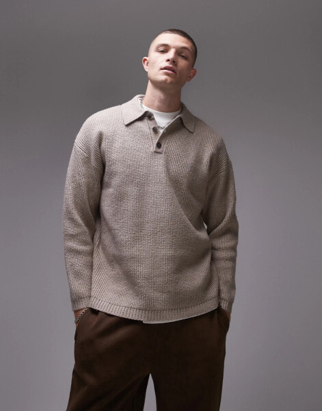 Topman – Lockerer Polopullover aus kompaktem Strick in Hellbeige