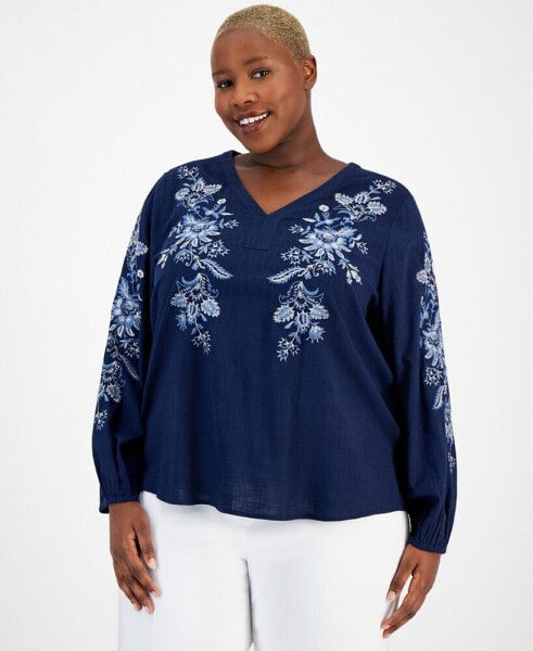 Plus Size Embroidered V-Neck Blouson-Sleeve Top, Created for Macy's