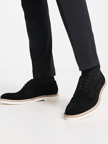 ASOS DESIGN lace up derby shoes in black suede with white contrast sole