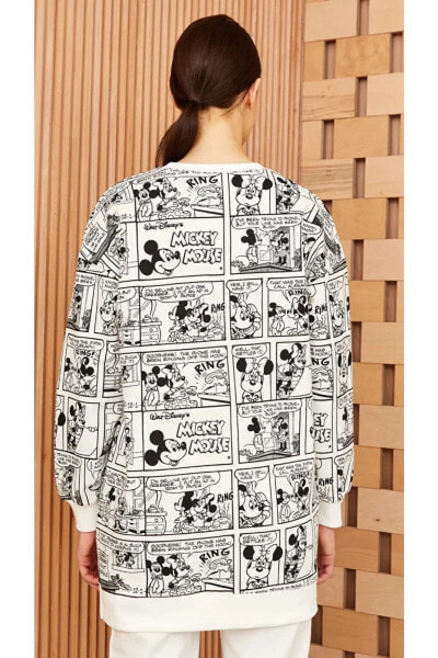 Bisiklet Yaka Disney Baskılı Uzun Kollu Oversize Kadın Tunik