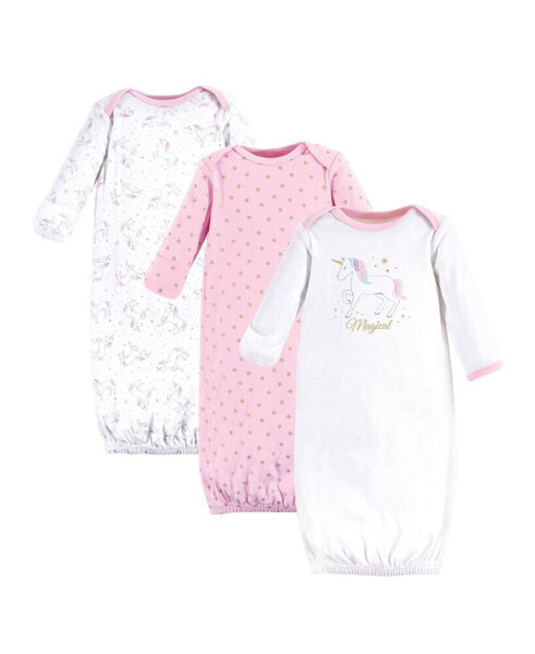 Baby Girls Cotton Long-Sleeve Gowns 3pk, Magical Unicorn, 0-6 Months