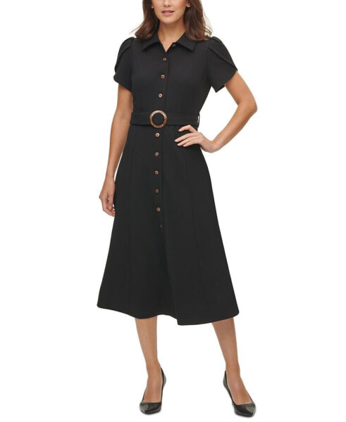 Puff-Sleeve Belted Midi Dress