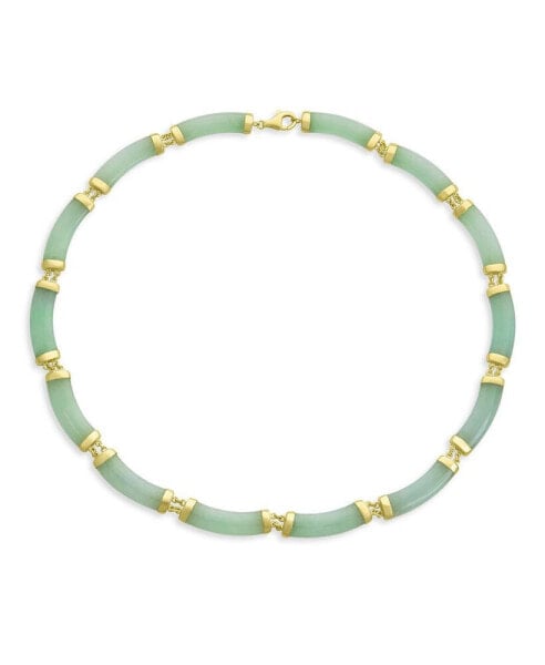Asian Style Gemstone Genuine Green Jade Strand Contoured Tube Bar Link Collar Necklace For Women 14K Yellow Gold Plated .925 Sterling Silver 16 Inch