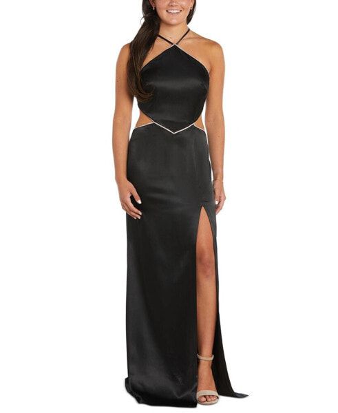 Juniors' Cut-Out Halter-Neck Gown