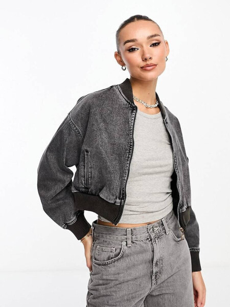 Stradivarius denim bomber jacket in washed black 