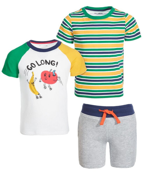 Toddler Boys Striped T-Shirt, Go Long Graphic T-Shirt & Colorblocked Shorts, 3 Piece Set