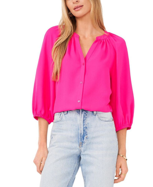 Women's Button Front 3/4-Puff Sleeve Top
