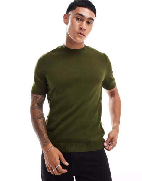 ASOS DESIGN co-ord knitted crew neck t-shirt in khaki