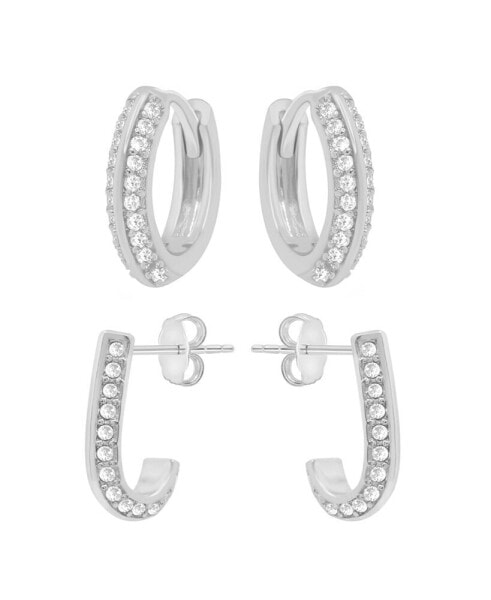 Cubic Zirconia Huggie Hoop and J Hoop Duo Set, Gold Plate and Silver Plate