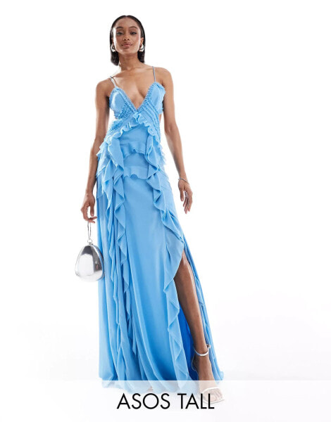 ASOS DESIGN Tall – Maxi-Trägerkleid in Blau mit Rüschen und Cut-Out