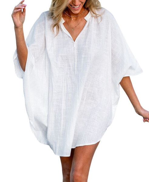 Women's White Cotton Dolman Sleeve Cover-Up Beach Dress