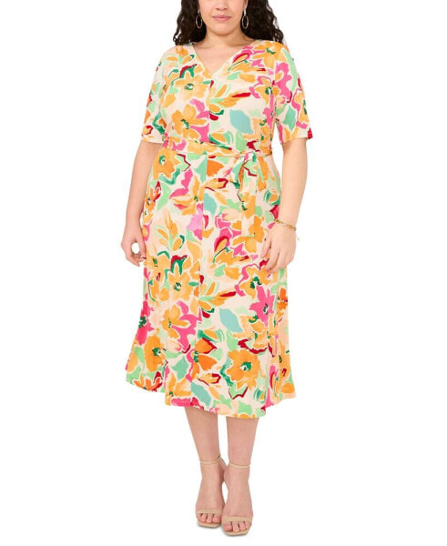 Plus Size Printed Tie-Waist Midi Dress