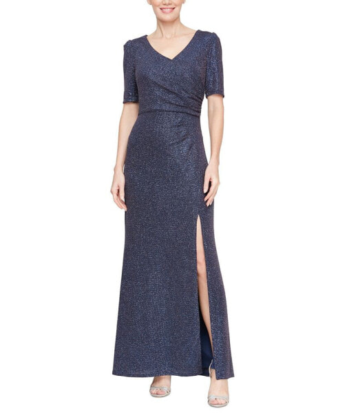 Plus Size Metallic-Knit Surplice-Neck Gown