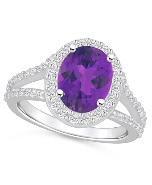 Кольцо Macy's Amethyst and Diamond Halo  in 14K White Gold