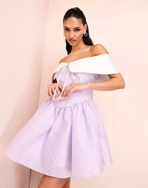 ASOS LUXE jacquard off shoulder satin collared skater mini dress in purple