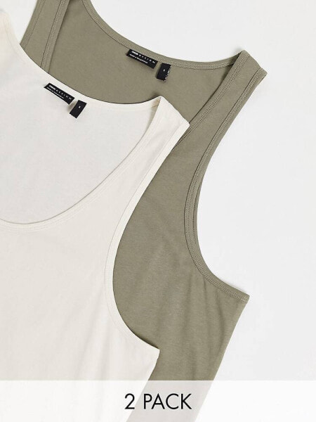 ASOS DESIGN 2 pack vest with scoop neck in ecru and khaki