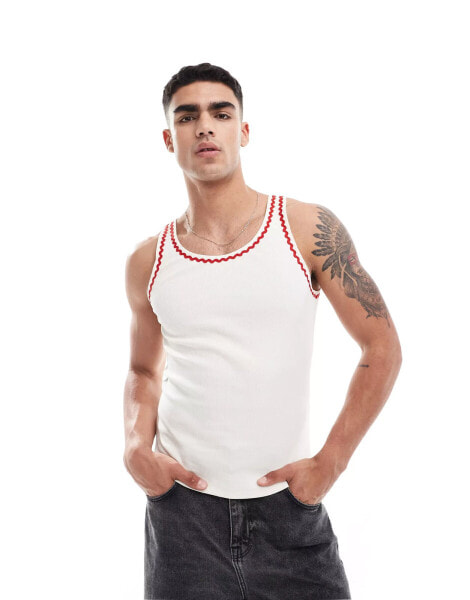 ASOS DESIGN muscle fit vest in cream with red zig-zag tipping