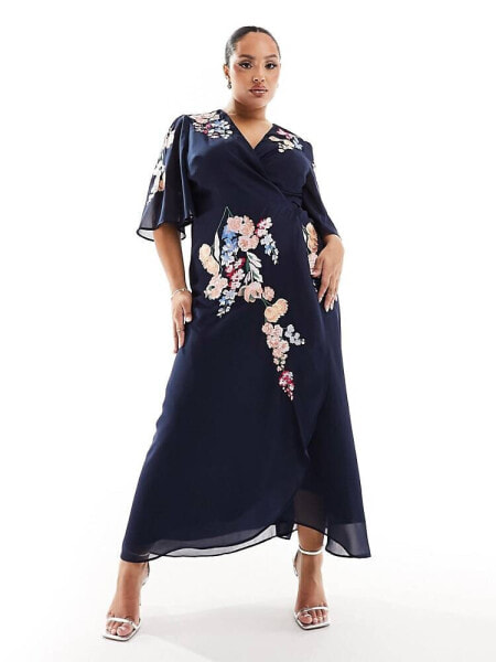 Hope & Ivy Plus flutter sleeve embroidered wrap midi dress in navy