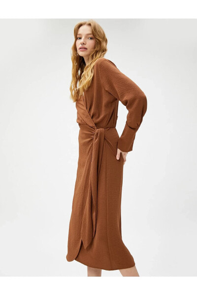 Midi Elbise Uzun Kollu Kruvaze Kapama Beli Kuşaklı