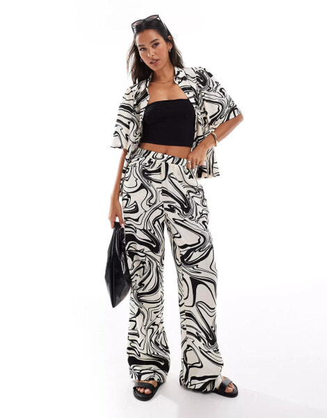 Vila wide leg trouser co-ord in mono swirl print