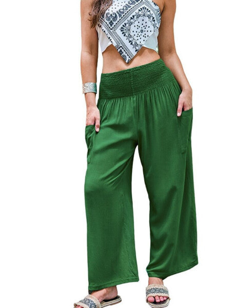 Women's Green Smocked Waist Wide Leg Pants