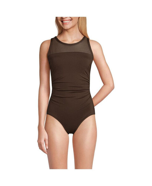 Women's Chlorine Resistant Smoothing Control Mesh High Neck One Piece Swimsuit