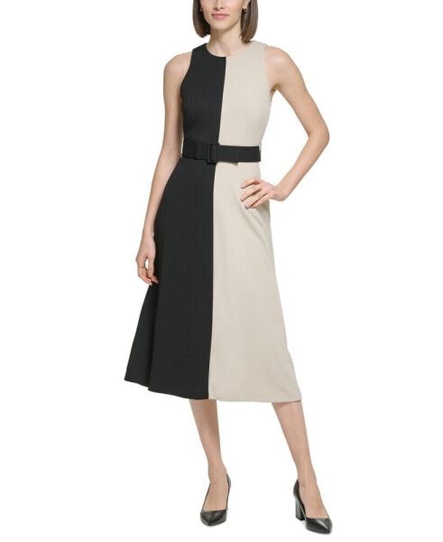 Petite Colorblocked Belted Scuba Crepe Dress