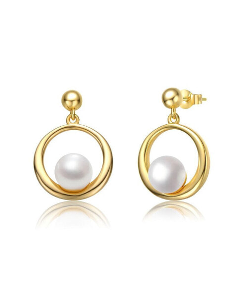 Sterling Silver 14k Yellow Gold Plated with White Freshwater Pearl Eternity Circle Halo Dangle Earrings