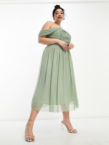 Little Mistress Plus Bridesmaids bardot mesh midi dress in sage green