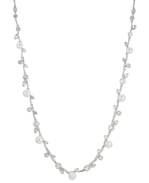 Rhodium-Plated Cubic Zirconia & Imitation Pearl Vine 18" Adjustable Statement Necklace, Created for Macy's