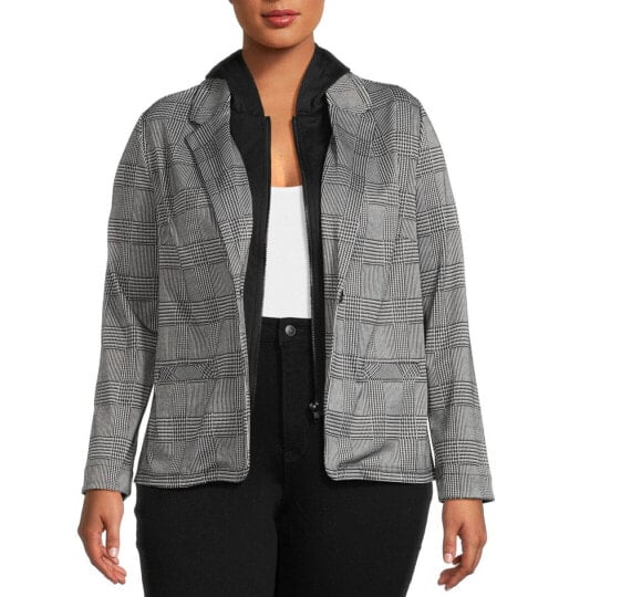 No Boundaries Juniors Plus Size Hooded Blazer Women's 1X Gray & Black Plaid