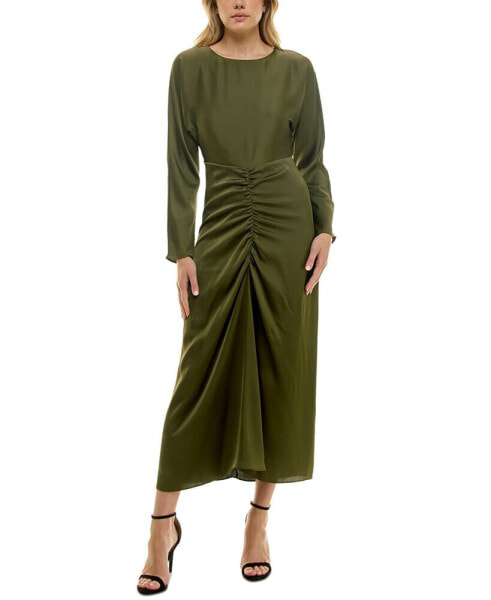 Women's Ruched-Front Long-Sleeve Chiffon Dress