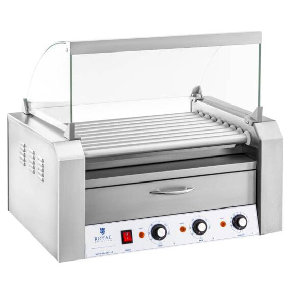 Roller grill rolkowy z osłoną i szufladą grzewczą do bułek 16 parówek HotDog 2200W 230V Royal Catering