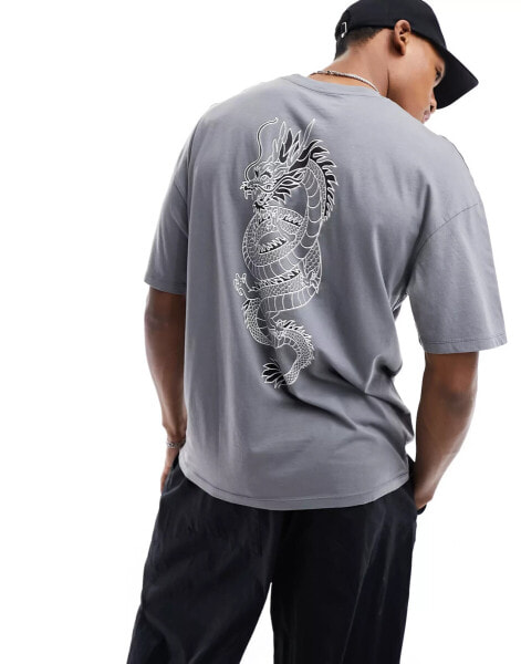 Jack & Jones washed oversized t-shirt with dragon back print in grey