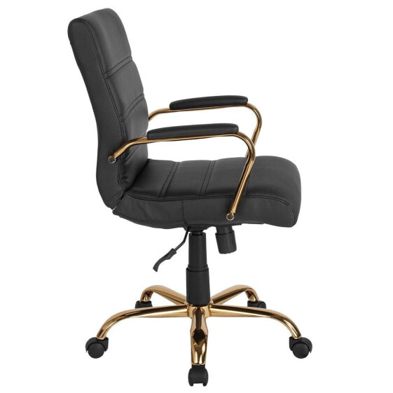 Mid-Back Black Leather Executive Swivel Chair With Gold Frame And Arms