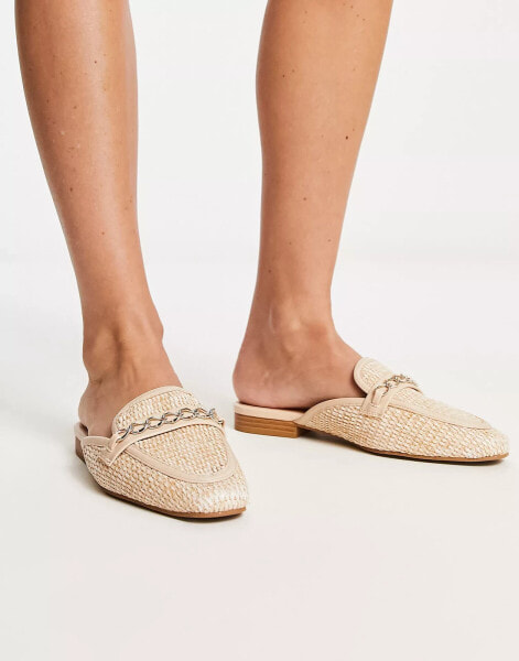 ASOS DESIGN Motto chain flat raffia mules in beige