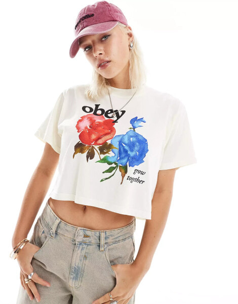 Obey boxy rose graphic t-shirt in off white