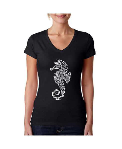 Women's Word Art V-Neck T-Shirt - Types of Seahorse
