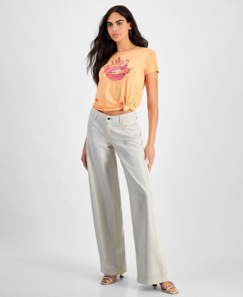 Women's Embellished Mid Rise Wide Leg Jeans