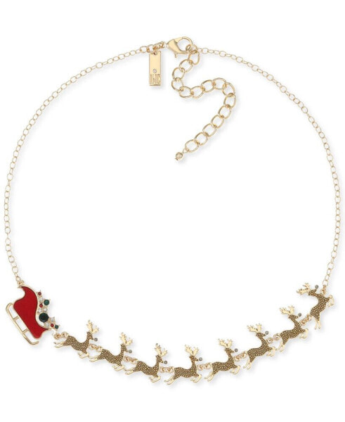 Gold-Tone Crystal Reindeer & Sleigh Statement Necklace, 18" + 3" extender, Created for Macy's