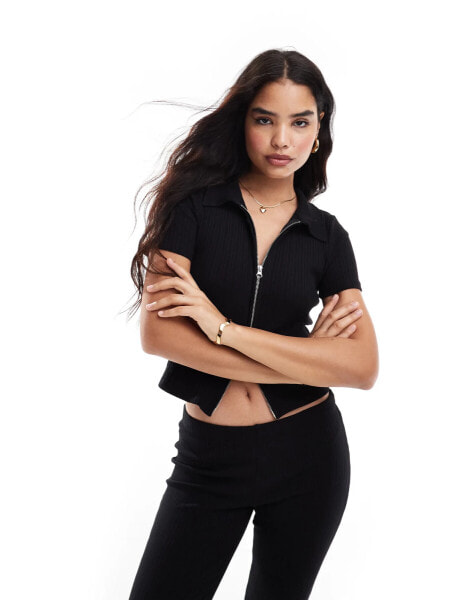 Vero Moda textured zip front jersey top co-ord in black