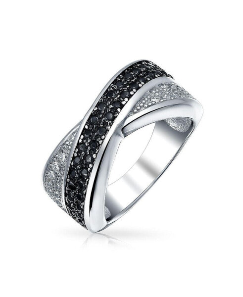Two Tone Black And White Pave Cubic Zirconia CZ Criss-Cross X Band Ring For Women For Girlfriend .925 Sterling Silver