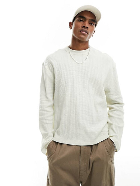 ASOS DESIGN long sleeved relaxed fit t-shirt in stone waffle