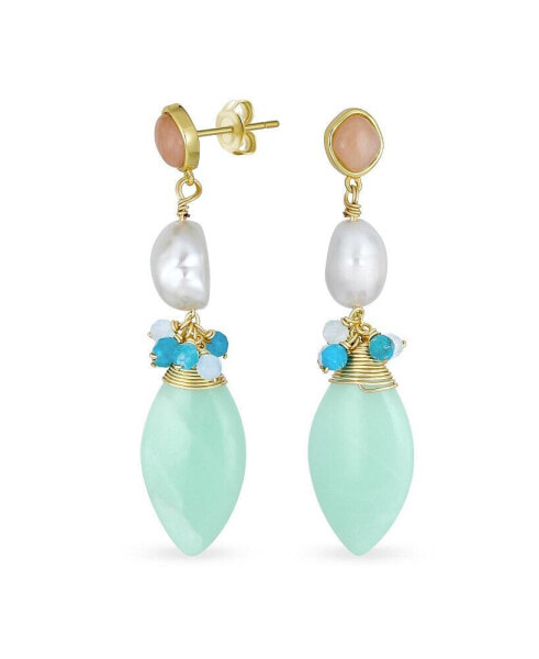 Multi Color Geometric Crystal Bead Cultured Baroque Pearl Gemstone Large Pear Shape Amazonite Mint Green Teardrop Earrings Gold Plated