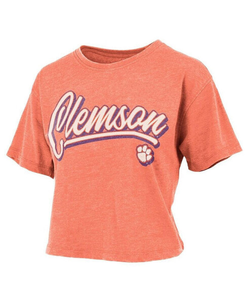 Women's Orange Distressed Clemson Tigers Team Script Harlow Vintage-Like Waist Length T-shirt